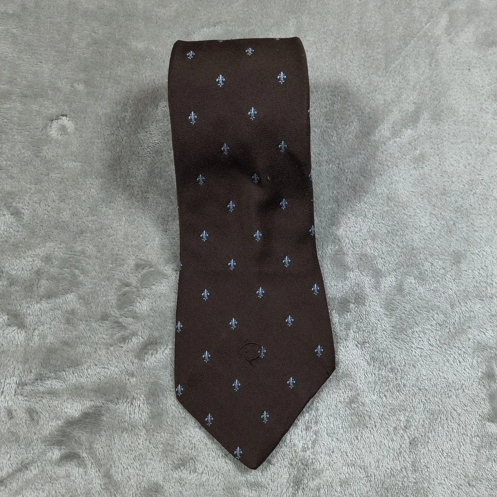 Vintage Oscar De La Renta Tie Mens‎ 56.5x4 Brown Fleur del Lis Geometric Luxury
